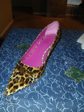Roberto Cavalli Leopard Print Pointed Flat with Hot Pink Insole and Gold Logo